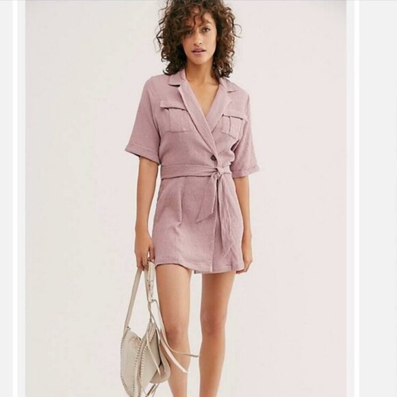 Free People Clementine Purple Ash Textured Linen Cotton Short Sleeve Mini Dress - Picture 8 of 8